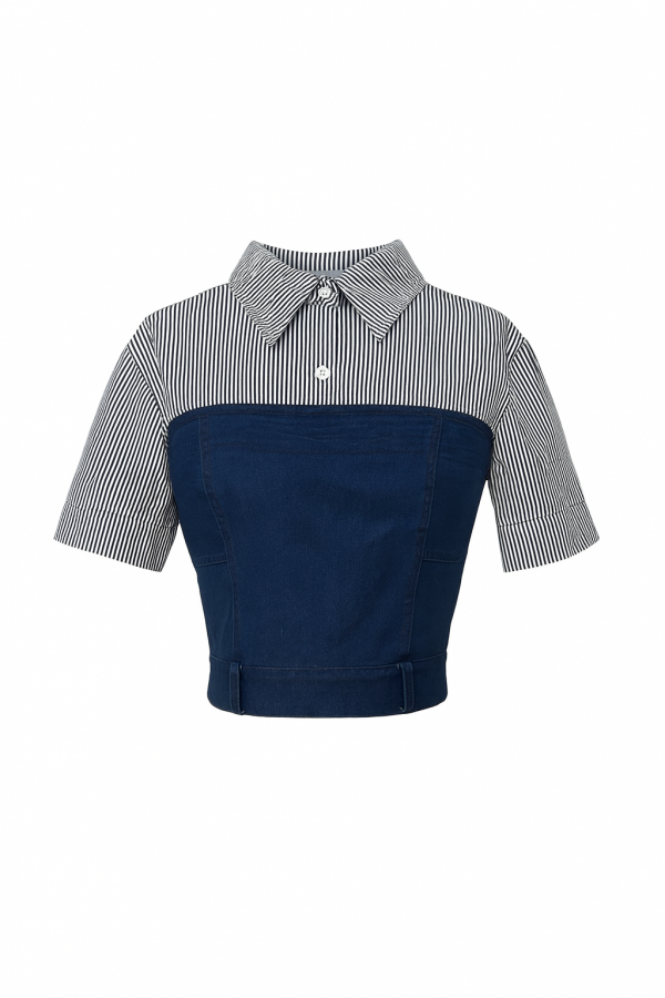 TI019 / RIVIR<br/>Striped Shirt Denim Mix Top