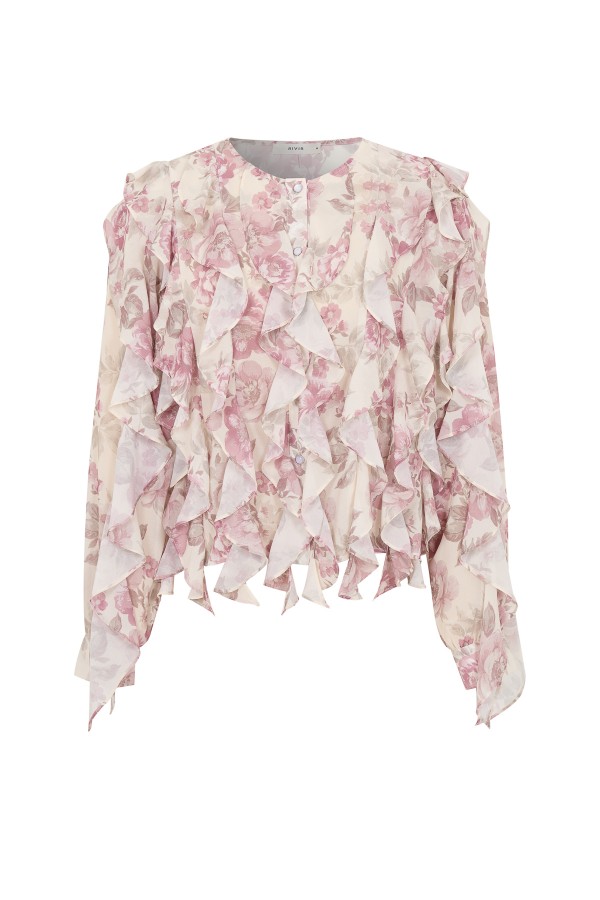TI032 / RIVIR<br/>Blush Reverie Ruffle Printed Chiffon Blouse