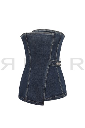 TO170 / RIVIR<br/>Faux Wrap Front Denim Tube Top