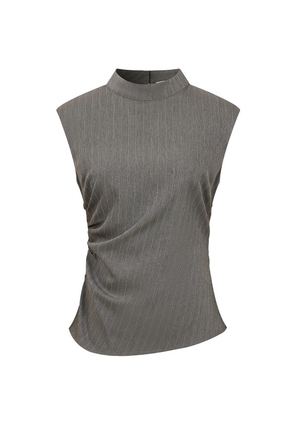 TO243 / RIVIR<br/>Woven Stripe Slvls Mock Neck Top