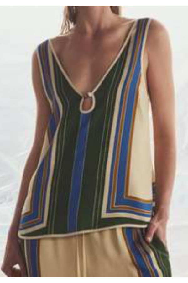 TO254 / RIVIR<br/>Knit Multi Border Stripe Slvls Top With Keyhole