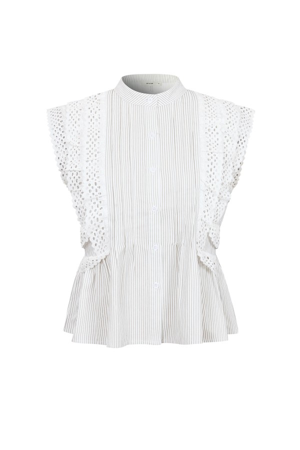 TO268 / RIVIR<br/>Stripe Slvls Pintuck Blouse With Lace Trim