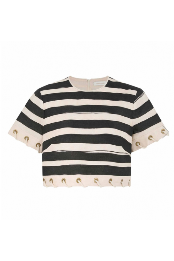 TO292 / RIVIR<br/>Knit Stripe Rope Embellished Short Slv Top