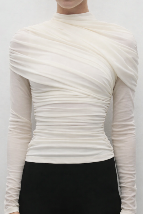 TO366 / RIVIR<br/>Noemie Power Mesh Double Layer Draped Long Slv Top