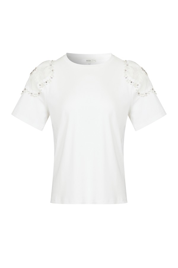 TR003 / RIVIR<br/>Knit T shirt with Embellished Sheer Flowers