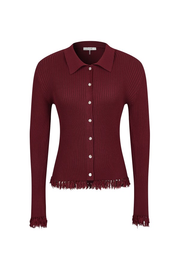 TS008 / RIVIR<br/>knit long sleeve top with collar and fringe detail