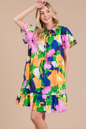 DS52365PA / CES FEMME<br/>Floral Print Petal Sleeve Ruffle Hem Smock Dress