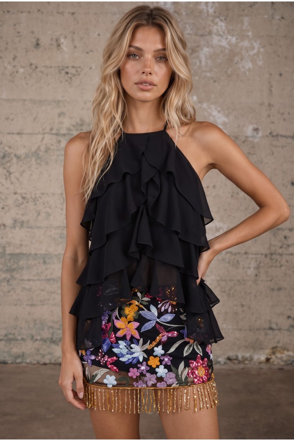 33831T / Blue B<br/>Ruffle Detail Chiffon Top