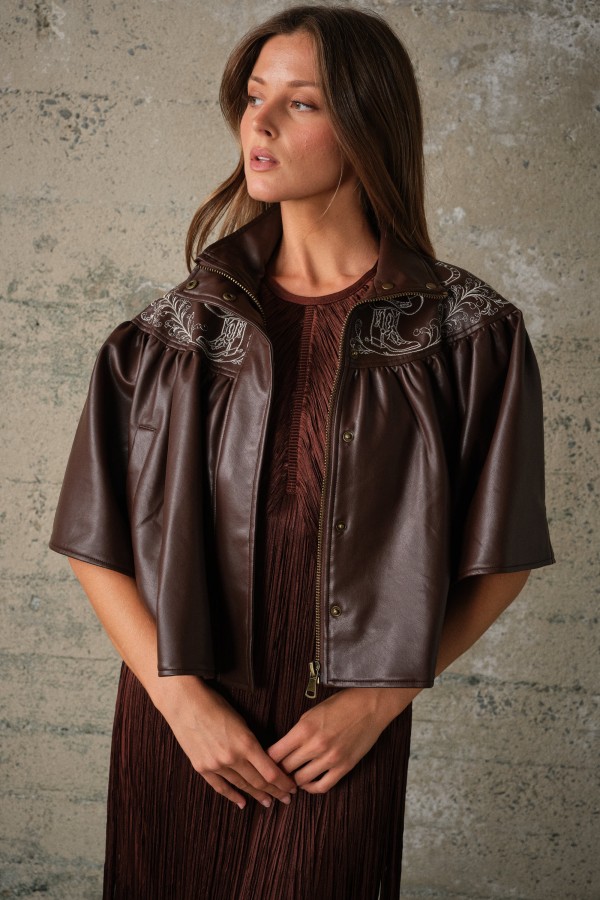 33833J / Blue B<br/>Western Embroidered Vegan Leather Cape