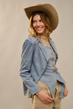 37332J / Blue B<br/>Floral Embroidered Split Front Blazer