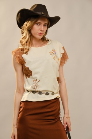 37758T / Blue B<br/>Cowgirl Lace Contrast Embroidered T-Shirt Top