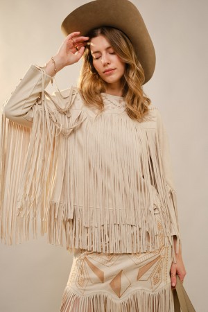 37765J / Blue B<br/>Suede Patchwork Embroidered Western Fringe Jacket