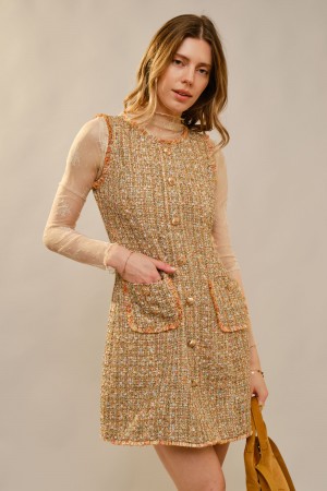 37794D / Blue B<br/>Button Up Front Pocket Sleeveless Boucle Mini Dress