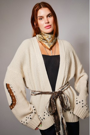 52126W / Blue B<br/>Western Horse Belted Cardigan Sweater