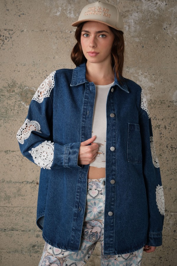 60079J / Blue B<br/>Lace Patch Oversized Denim Shirt Jacket