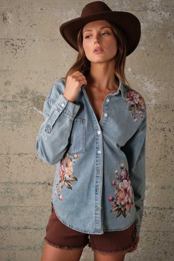 60086T / Blue B<br/>Floral Print Oversized Denim Shirt