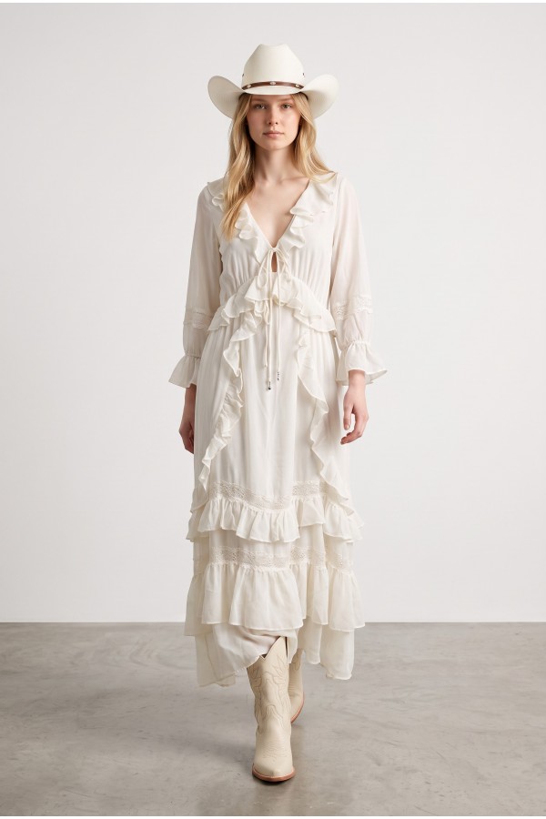 60307D / Blue B<br/>Crinkle Chiffon Ruffle Midi Dress