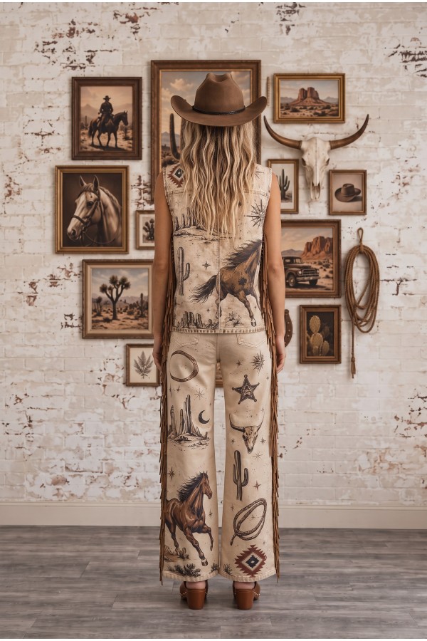 60506V / Blue B<br/>Western Print Oversized Fringe Vest