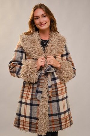 93651J / Blue B<br/>Aztec Jacquard Fur Belted Coat