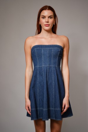 94532D / Blue B<br/>Striped Denim Tube Fit And Flare Mini Dress