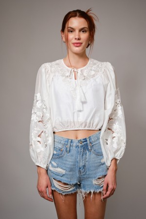 99469T / Blue B<br/>Long Sleeve Embroidered Cropped Blouse