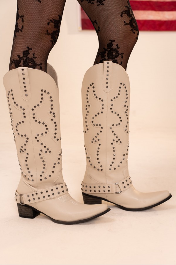 BT007 / Blue B<br/>White Studded Western Boots