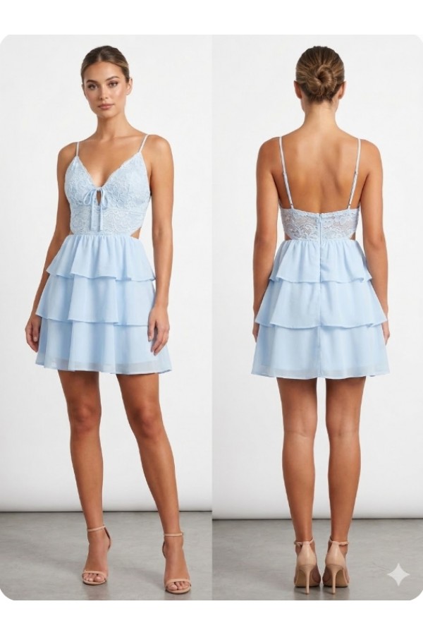 CSD0010 / Spring Haze<br/>Lace top with chiffon ruffle skirt mini dress