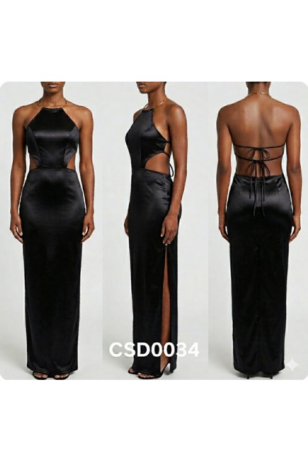 CSD0034 / Spring Haze<br/>Gold necklace, open back maxi dress