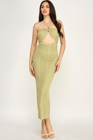 CSD0047 / Spring Haze<br/>Textured fabric, stone trim halter midi dress