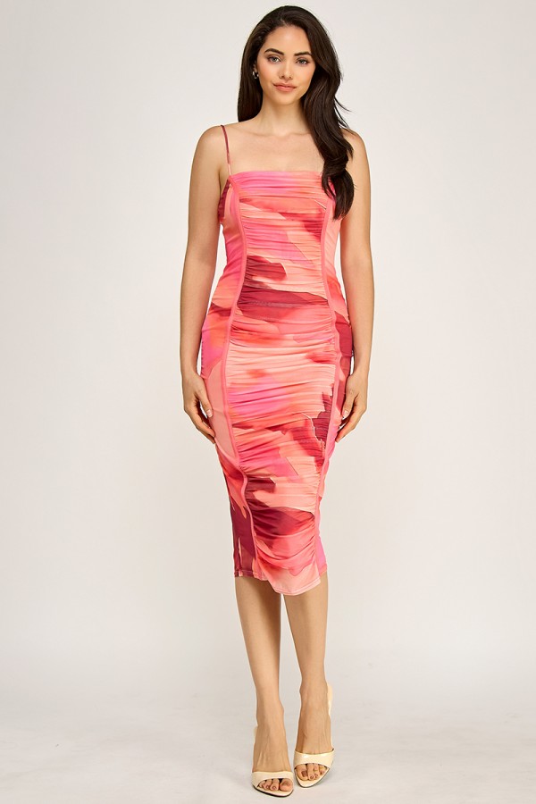 CSD0136 / Spring Haze<br/>Multi colored shirring midi mesh dress