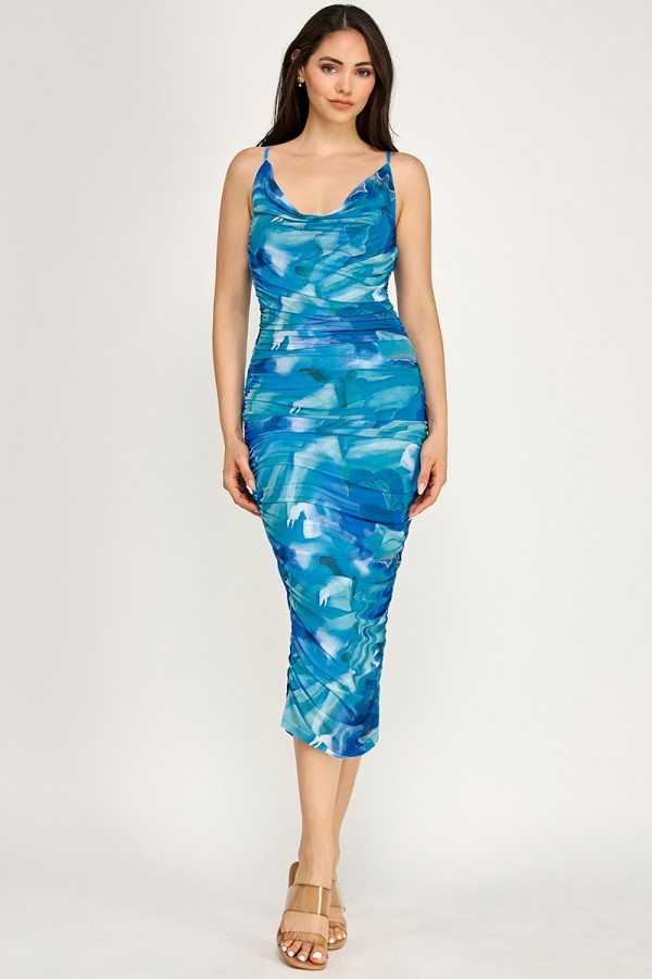 CSD0141 / Spring Haze<br/>Multi color mesh cowl neck midi dress