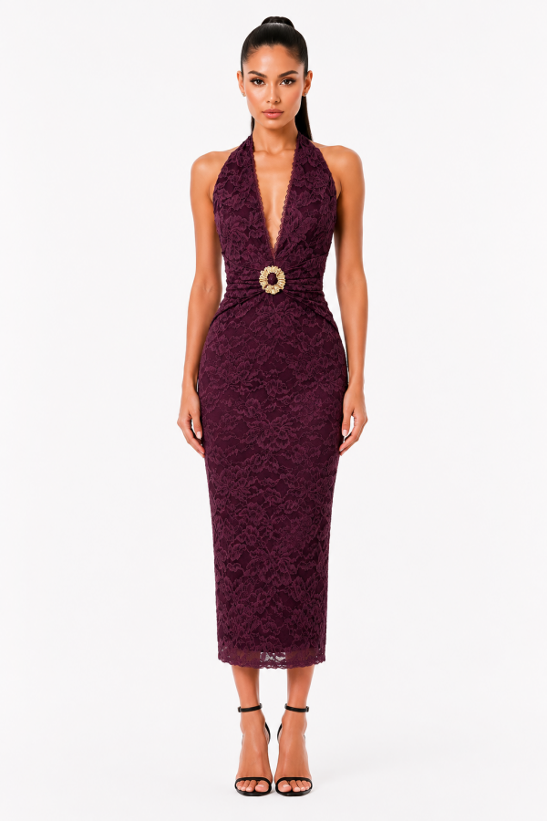 CSD0176 / Spring Haze<br/>Textured lace halter back tie midi dress
