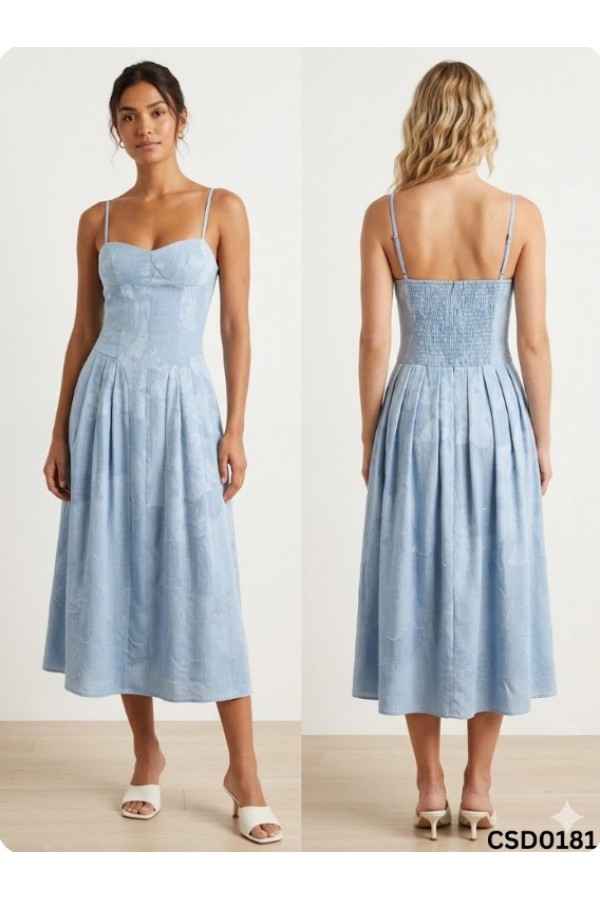 CSD0181 / Spring Haze<br/>Flower texured chambray midi dress