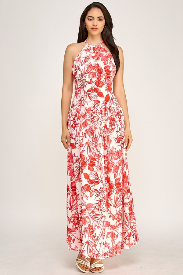 CSD0209 / Spring Haze<br/>Flower print maxi halter dress