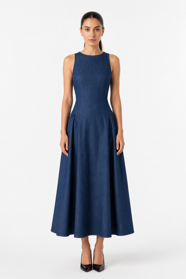 CSD0246 / Spring Haze<br/>Flare, Sleeveless, Open back denim long dress