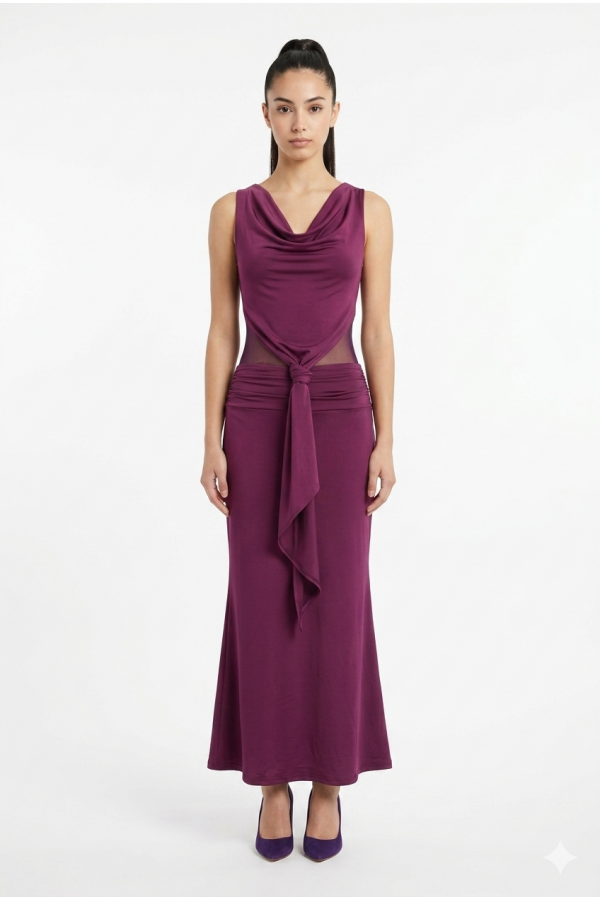 CSD0270 / Spring Haze<br/>Cowl neck, mesh contrast maxi dress