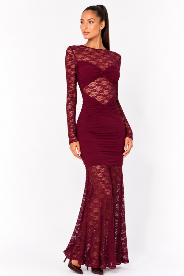 CSD0304 / Spring Haze<br/>Lace and mesh mix maxi long sleeve dress