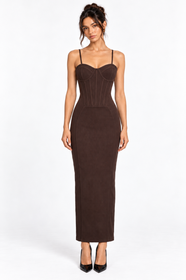CSD0315 / Spring Haze<br/>Ribbed Corset Detail Bodycon Maxi Dress