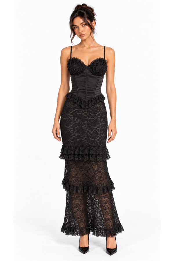CSD0335 / Spring Haze<br/>Lace & satin maxi dress