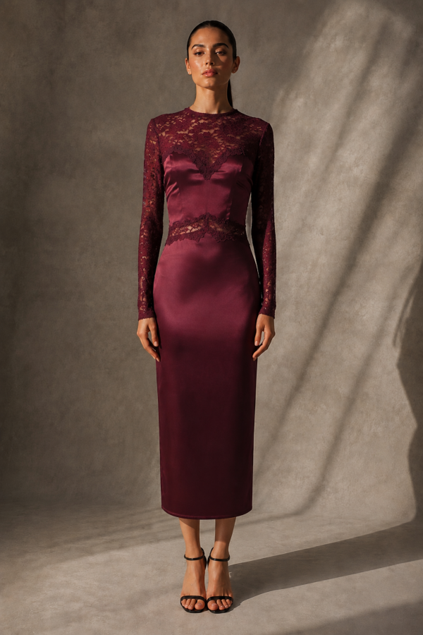 CSD0340 / Spring Haze<br/>Lace and stretch satin mix midi dress