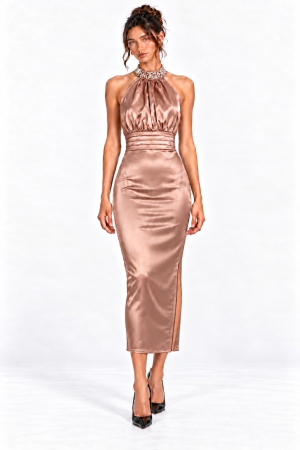 CSD0344 / Spring Haze<br/>Embellished Halter Satin Midi Dress
