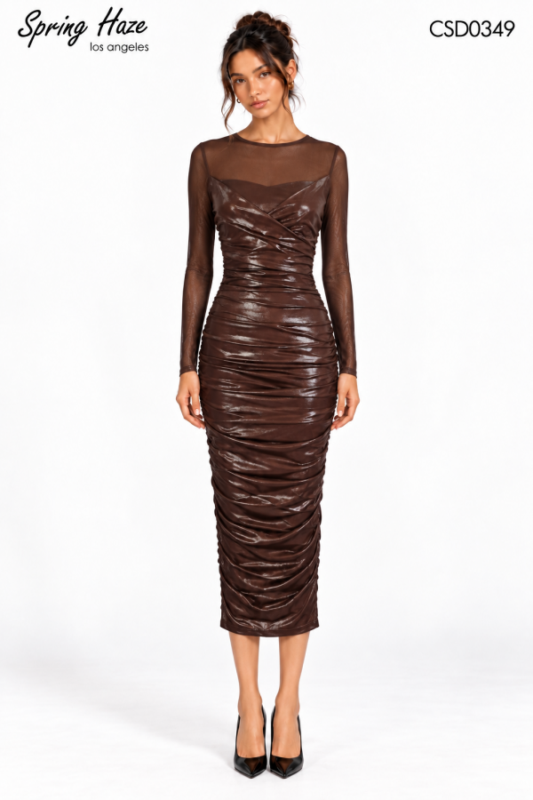 CSD0349 / Spring Haze<br/>Ruched Midi Dress with Sheer Mesh Sleeves