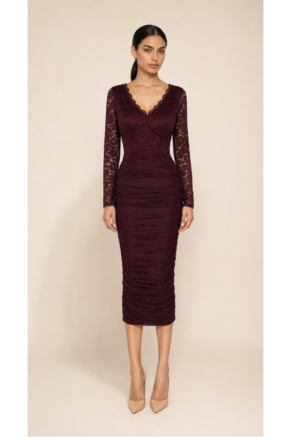 CSD0374 / Spring Haze<br/>Lace top mesh bottom midi dress