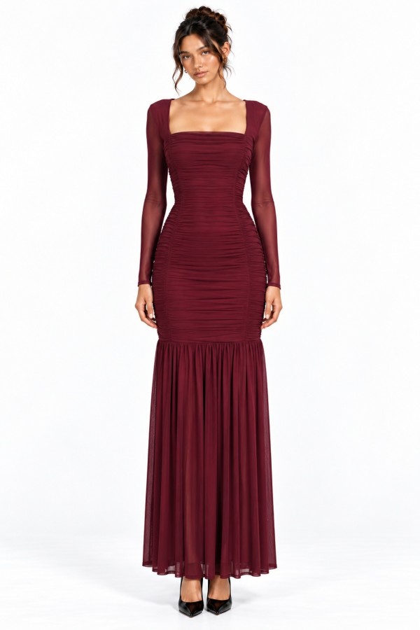 CSD0392 / Spring Haze<br/>Square Neck Ruched Mesh Mermaid Maxi Dress