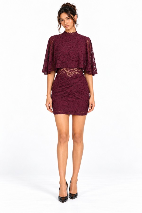 CSD0403 / Spring Haze<br/>Burgundy Floral Lace Cape Mini Dress