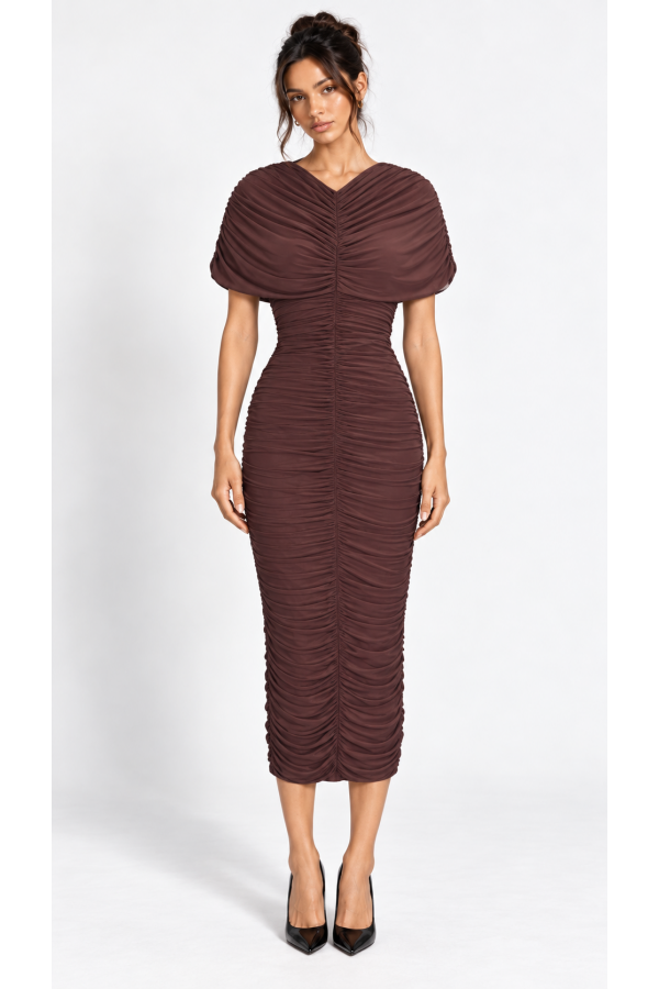 CSD0404 / Spring Haze<br/>Shirring shoulder cover midi dress