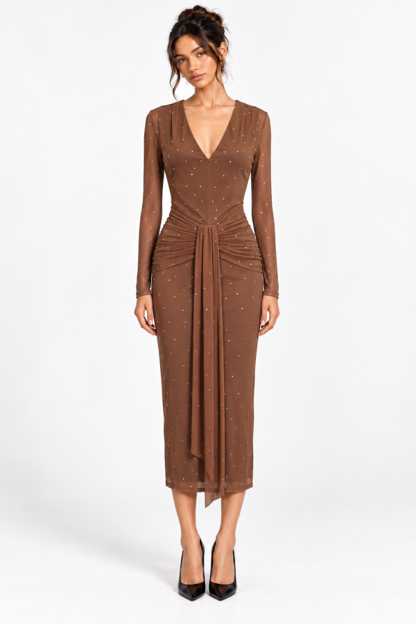 CSD0405 / Spring Haze<br/>Studded V Neck Mesh Midi Dress with Front Drape