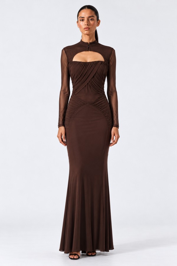 CSD0422 / Spring Haze<br/>High Neck Cutout Ruched Mesh Mermaid Maxi Dress