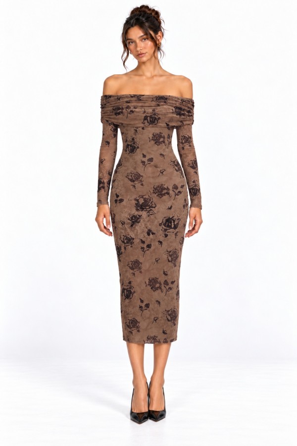 CSD0442 / Spring Haze<br/>Off Shoulder Floral Flocked Mesh Midi Dress