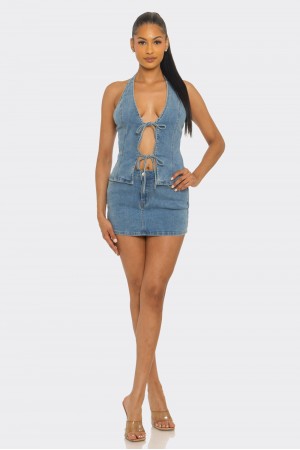 CSS0010 / Spring Haze<br/>Halter neck front tie top and mini skirt set